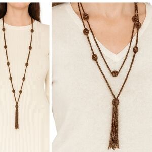 Vintage Bronze Seed Bead Lariat Necklace With Tassel Long Boho Beadedrope